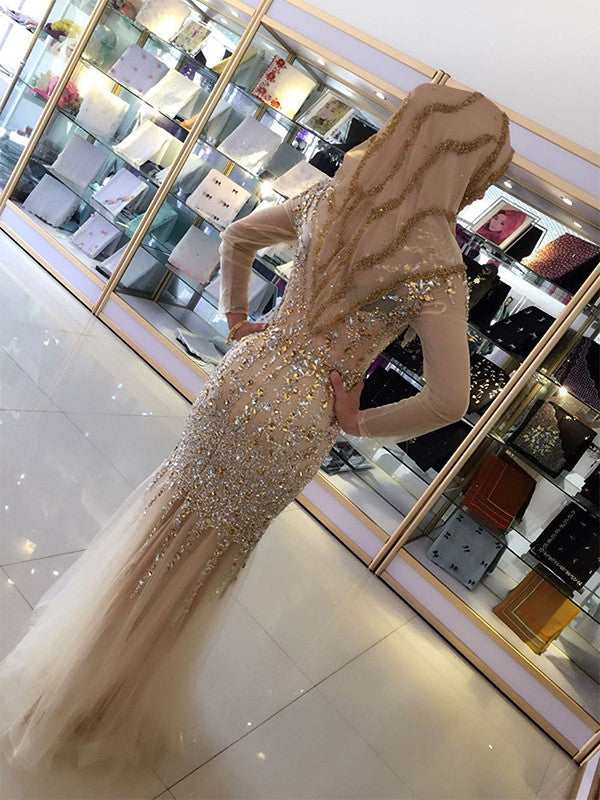 Sheath/Column Long Sleeves Scoop Floor-Length Sequin Tulle Muslim Dresses