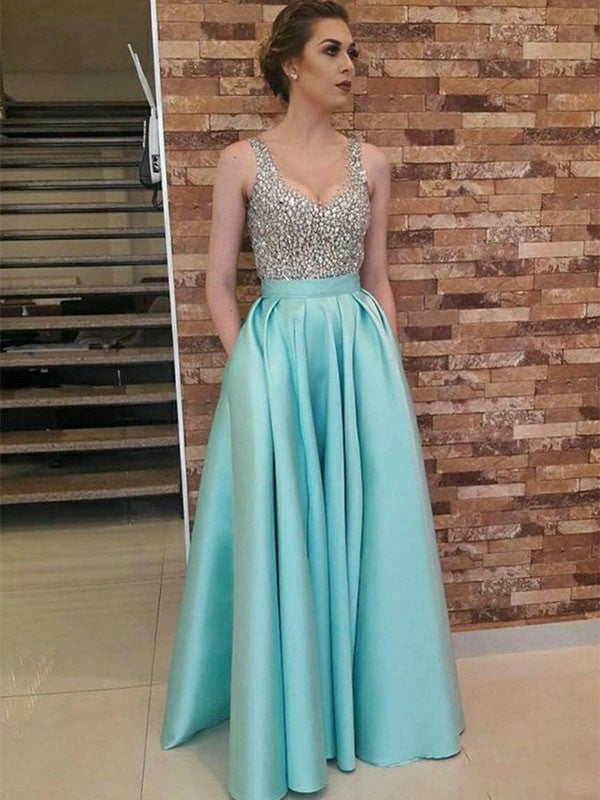 A-Line/Princess Sleeveless V-neck Floor-Length Beading Satin Dresses