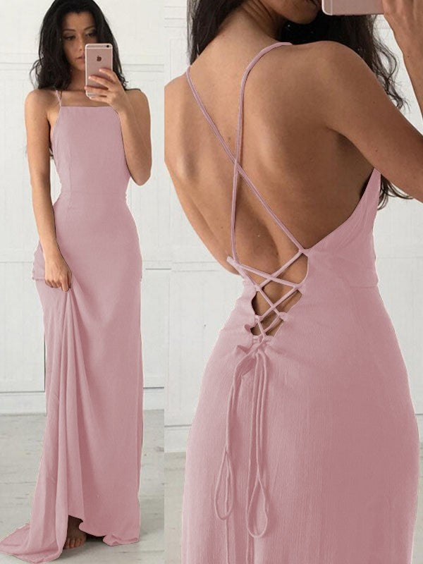 Sheath/Column Sleeveless Straps Sweep/Brush Train Ruffles Chiffon Dresses