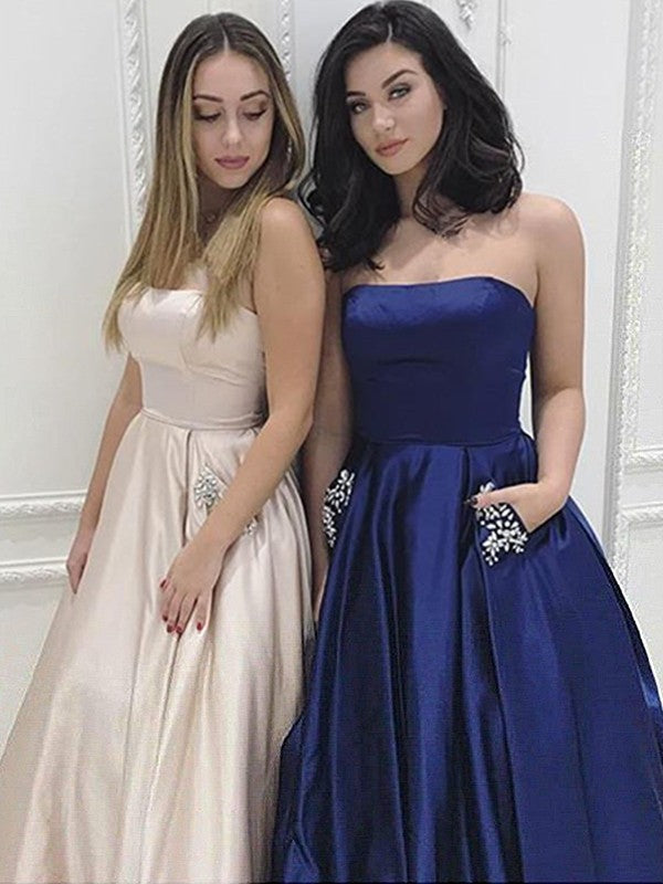 A-Line/Princess Strapless Sleeveless Sweep/Brush Train Beading Satin Dresses