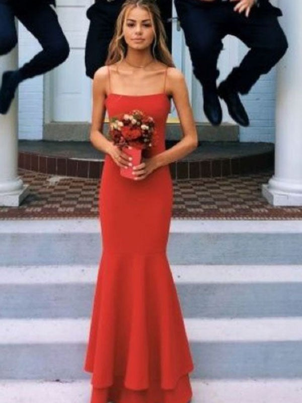 Sheath/Column Spaghetti Straps Sleeveless Floor-Length Layers Crepe Dresses