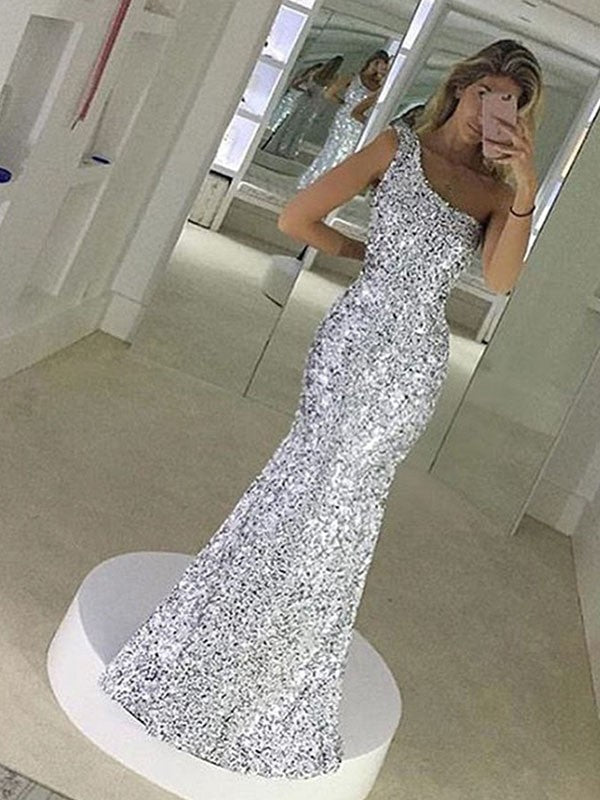 Sheath/Column One-Shoulder Sleeveless Floor-Length Ruffles Sequins Dresses