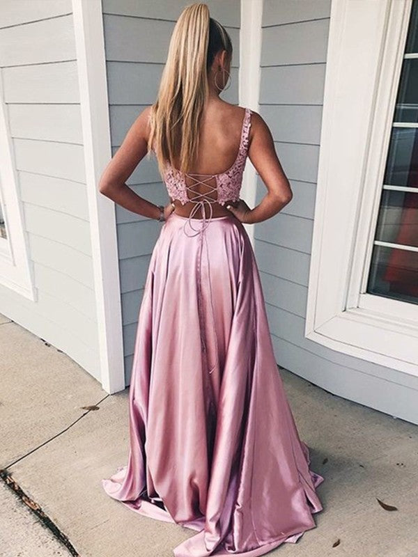 A-Line/Princess Sleeveless Square Sweep/Brush Train Applique Silk like Satin Two Piece Dresses