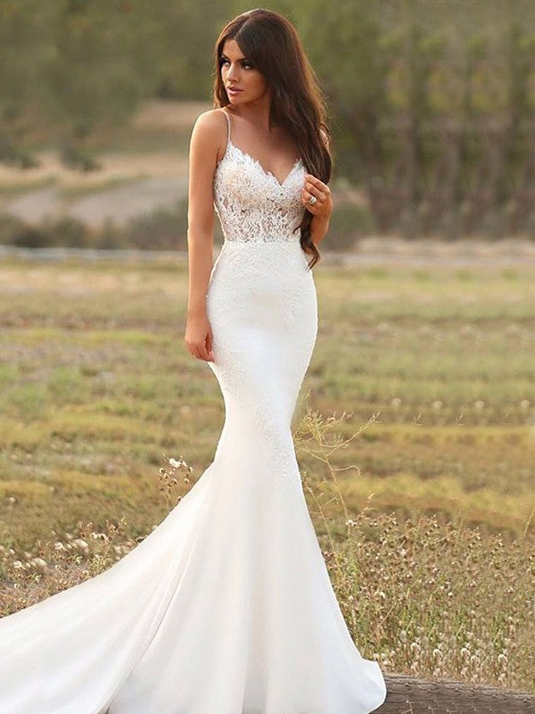 Trumpet/Mermaid Crepe Applique Spaghetti Straps Sleeveless Court Train Wedding Dresses