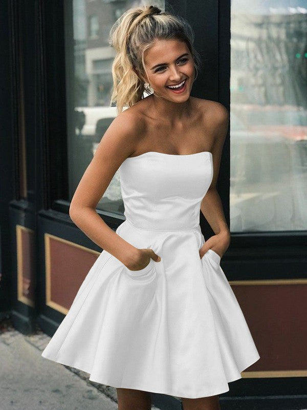 A-line satin ruffled edge strapless sleeveless short Homecoming Dress