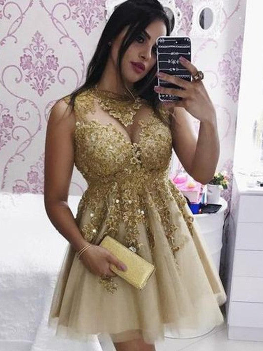 A-Line/Princess Tulle Applique Sheer Neck Sleeveless Short/Mini Homecoming Dresses