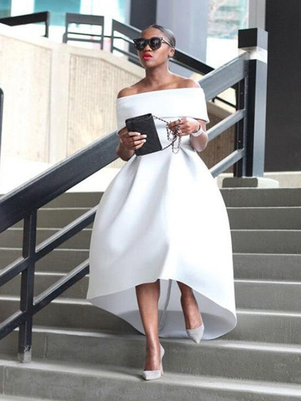 A-Line/Princess Satin Ruffles Off-the-Shoulder Sleeveless Asymmetrical Dresses