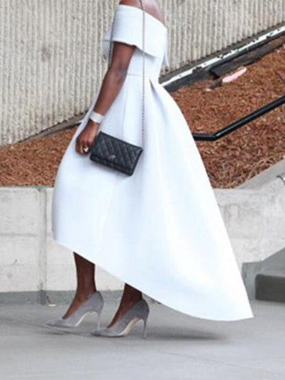 A-Line/Princess Satin Ruffles Off-the-Shoulder Sleeveless Asymmetrical Dresses
