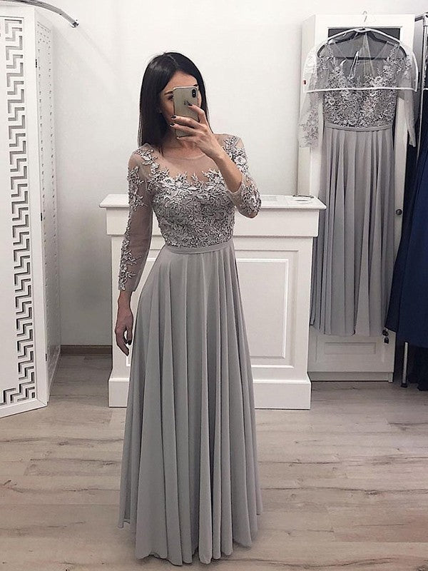 A-Line/Princess Chiffon Applique Scoop Long Sleeves Floor-Length Dresses