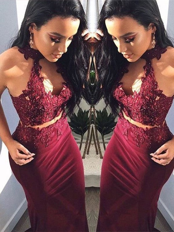 Sheath/Column Applique Halter Sleeveless Floor-Length Spandex Two Piece Dresses