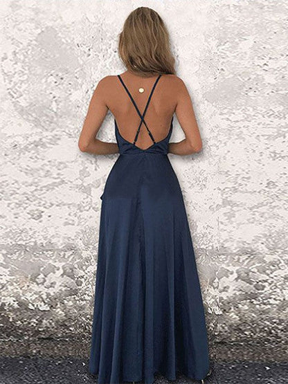 A-Line/Princess Silk like Satin Spaghetti Straps Floor-Length Ruched Sleeveless Dresses