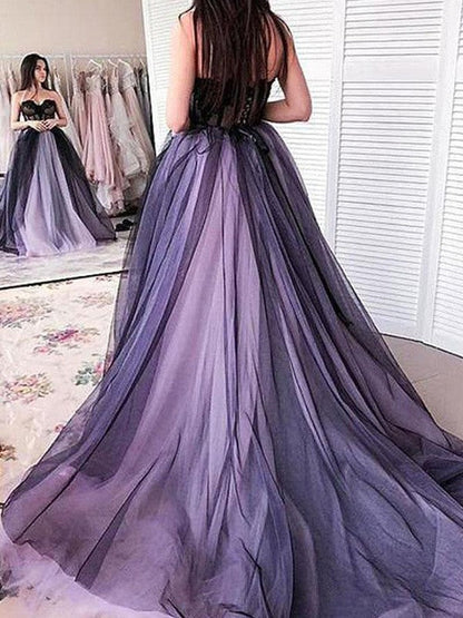 A-Line/Princess Tulle Applique Strapless Sleeveless Court Train Dresses