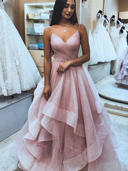 A-Line/Princess Net Spaghetti Straps Sleeveless Ruffles Floor-Length Dresse