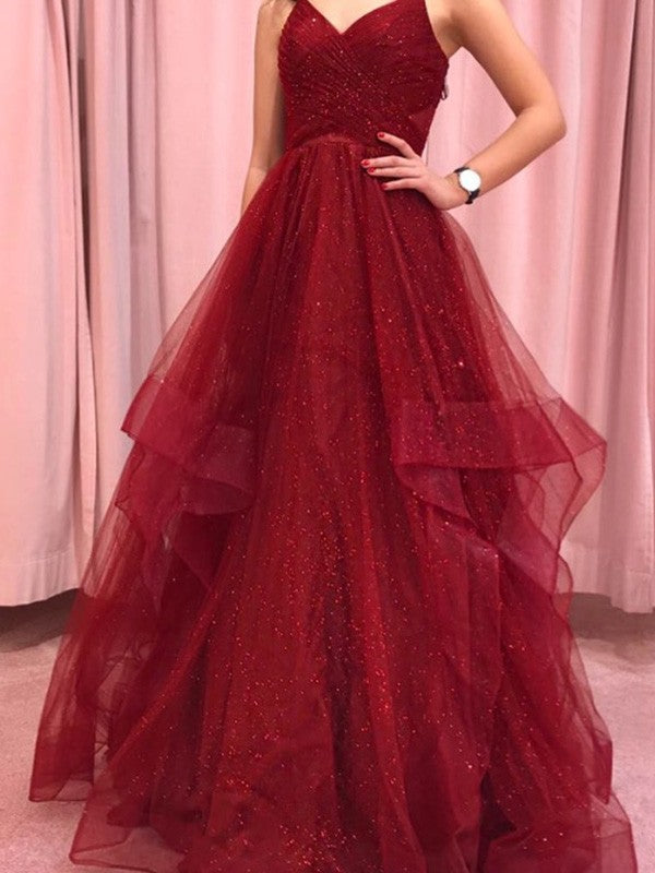 A-Line/Princess Net Spaghetti Straps Sleeveless Ruffles Floor-Length Dresse
