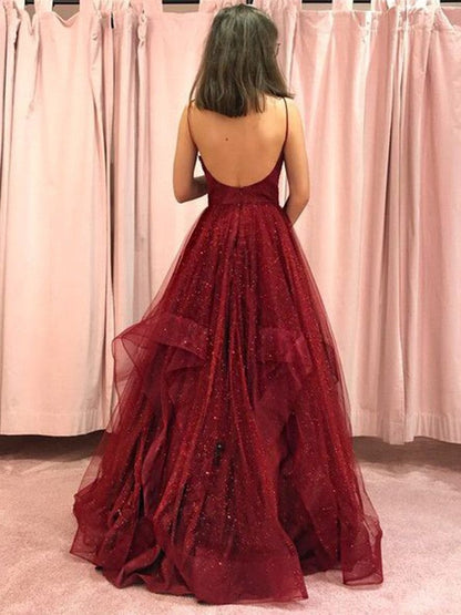A-Line/Princess Net Spaghetti Straps Sleeveless Ruffles Floor-Length Dresse