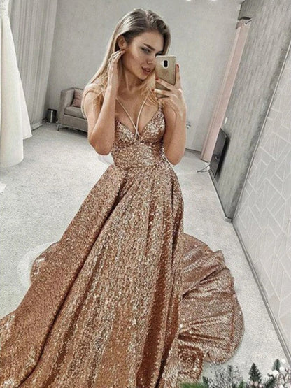 A-Line/Princess Sequins Spaghetti Straps Ruffles Sleeveless Court Train Dresses
