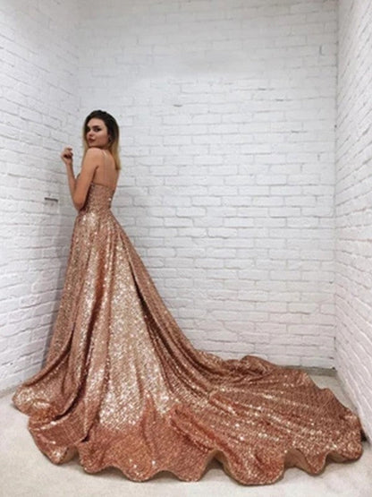 A-Line/Princess Sequins Spaghetti Straps Ruffles Sleeveless Court Train Dresses