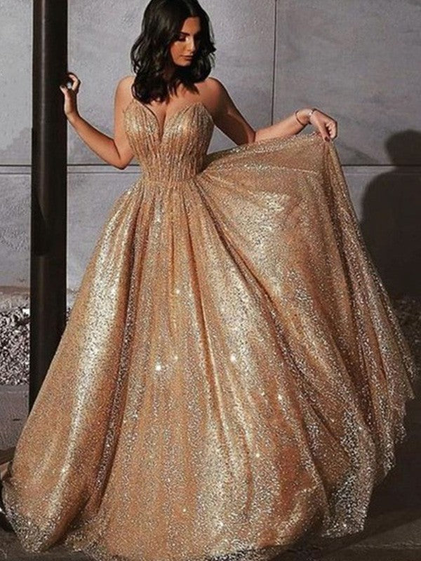 A-Line/Princess Spaghetti Straps Tulle Sequin Sleeveless Court Train Dresses
