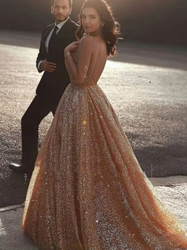 A-Line/Princess Spaghetti Straps Tulle Sequin Sleeveless Court Train Dresses