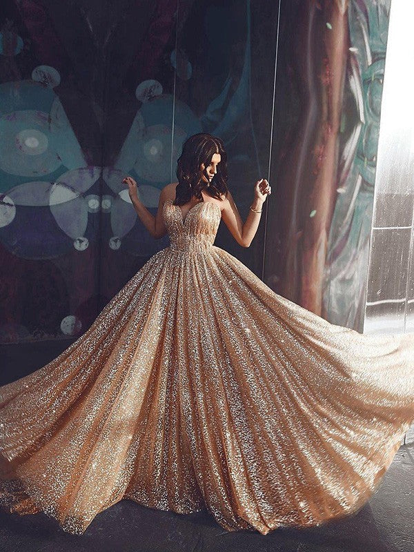 A-Line/Princess Spaghetti Straps Tulle Sequin Sleeveless Court Train Dresses
