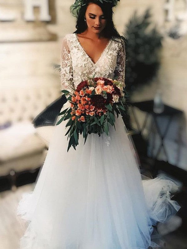 A-Line/Princess Tulle V-neck Applique Long Sleeves Sweep/Brush Train Wedding Dresses