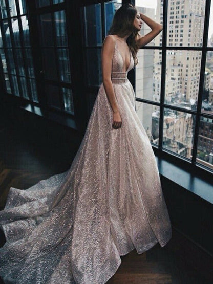 A-Line/Princess Chapel Train V-neck Sleeveless Tulle Ruffles Dresses