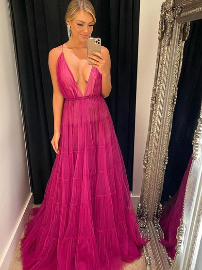 A-Line/Princess Tulle V-neck Ruffles Sleeveless Sweep/Brush Train Dresses