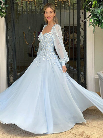 A-Line/Princess Sweetheart Chiffon Long Sleeves Applique Floor-Length Dresses