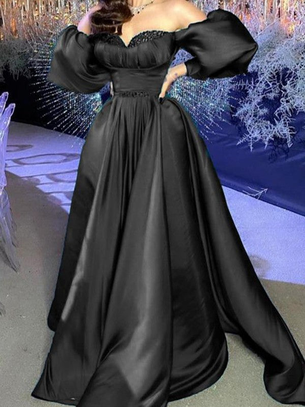 A-Line/Princess Satin Ruffles Off-the-Shoulder Long Sleeves Sweep/Brush Train Dresses