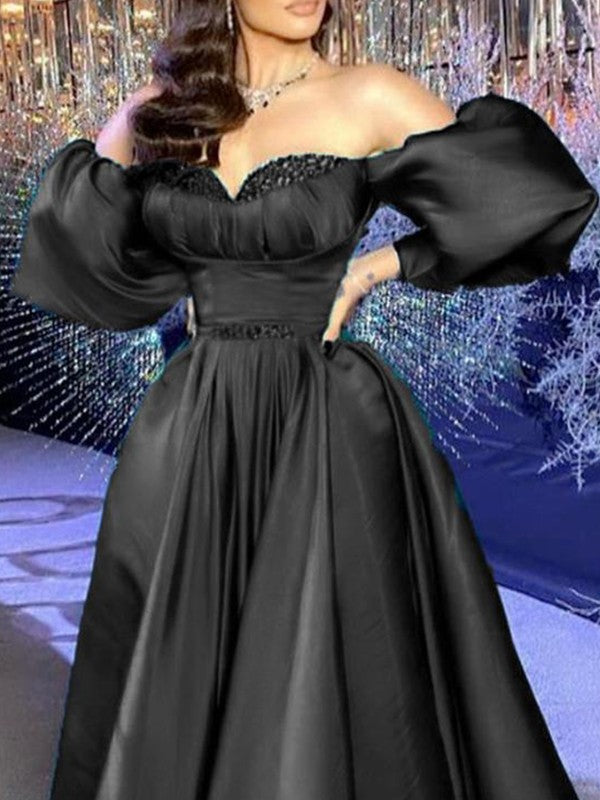 A-Line/Princess Satin Ruffles Off-the-Shoulder Long Sleeves Sweep/Brush Train Dresses