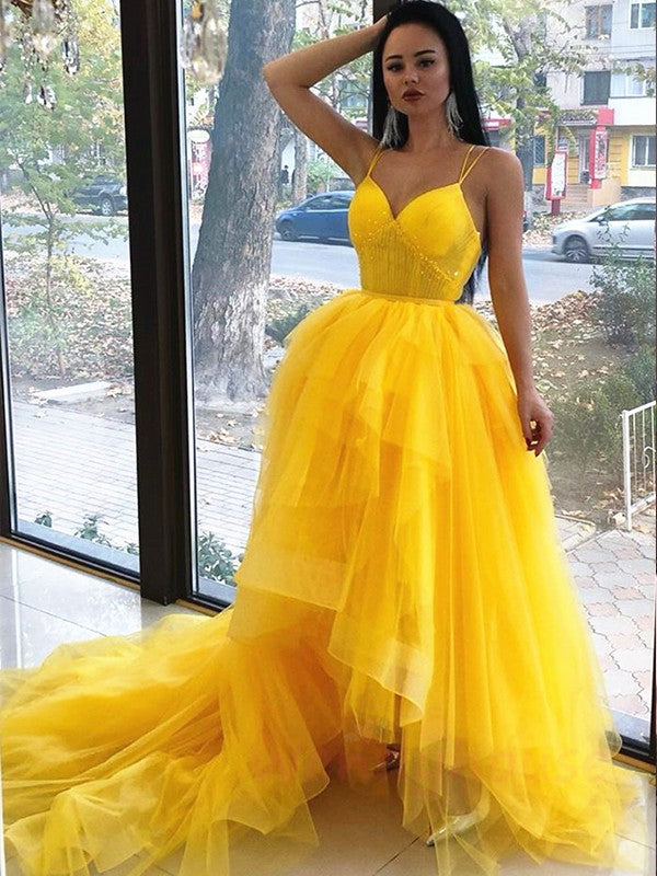 A-Line/Princess Tulle Ruffles V-neck Sleeveless Asymmetrical Dresses