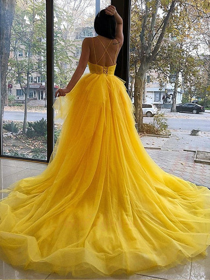 A-Line/Princess Tulle Ruffles V-neck Sleeveless Asymmetrical Dresses