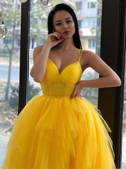 A-Line/Princess Tulle Ruffles V-neck Sleeveless Asymmetrical Dresses