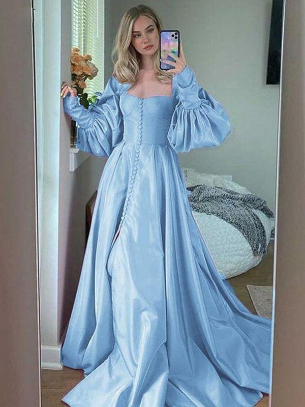 A-Line/Princess Satin Ruffles Sweetheart Long Sleeves Sweep/Brush Train Dresses