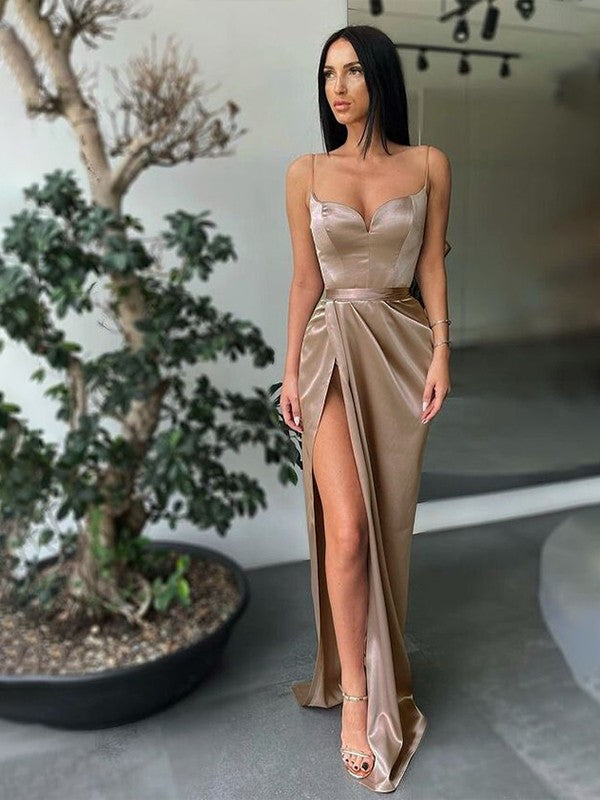 Sheath/Column Woven Satin Ruffles Spaghetti Straps Sleeveless Sweep/Brush Train Dresses