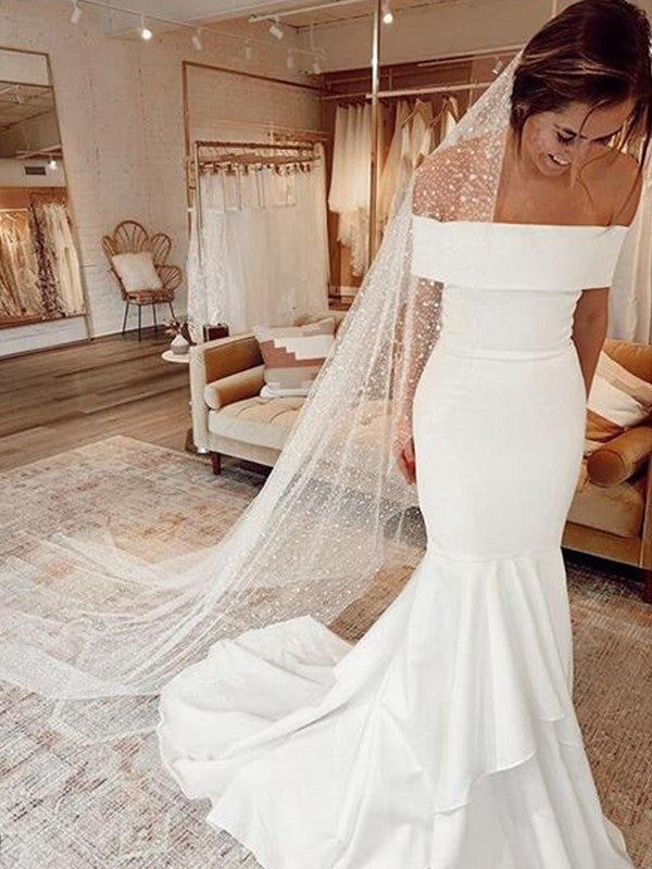 Sheath/Column Crepe Ruffles Off-the-Shoulder Sleeveless Sweep/Brush Train Wedding Dresses