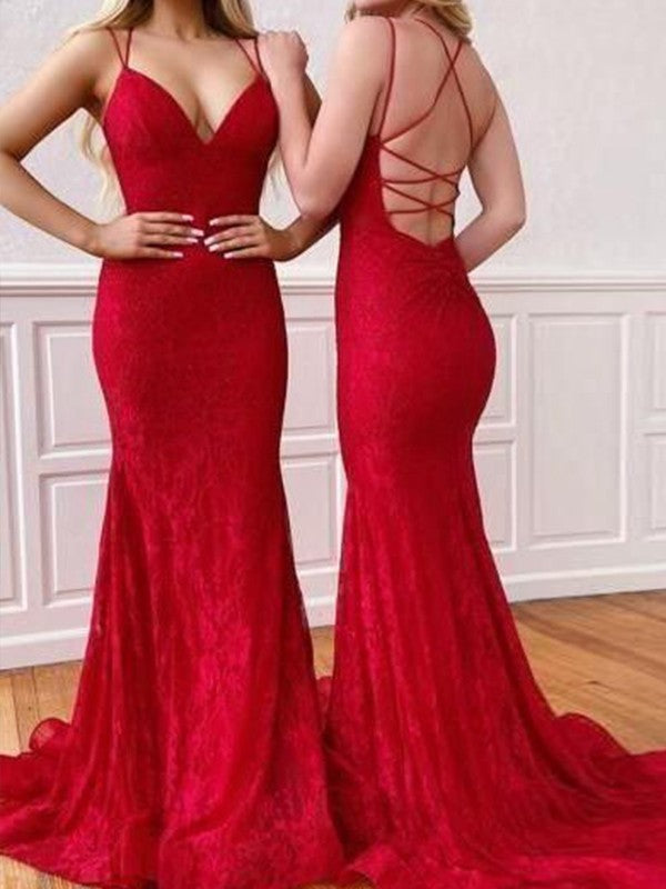 Sheath/Column Lace Ruffles V-neck Sleeveless Sweep/Brush Train Dresses