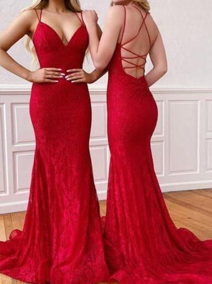 Sheath/Column Lace Ruffles V-neck Sleeveless Sweep/Brush Train Dresses