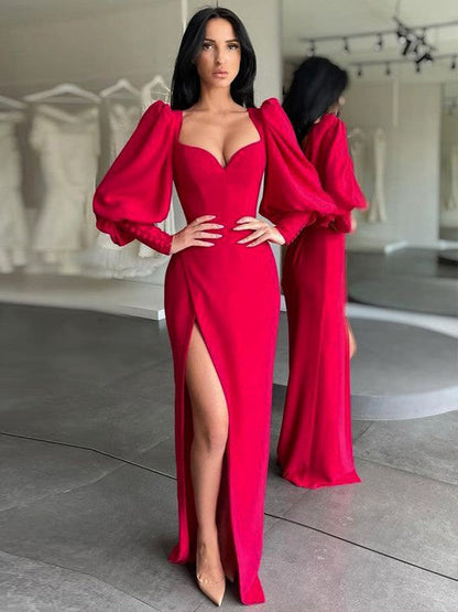Sheath/Column Crepe Ruched Sweetheart Long Sleeves Floor-Length Dresses