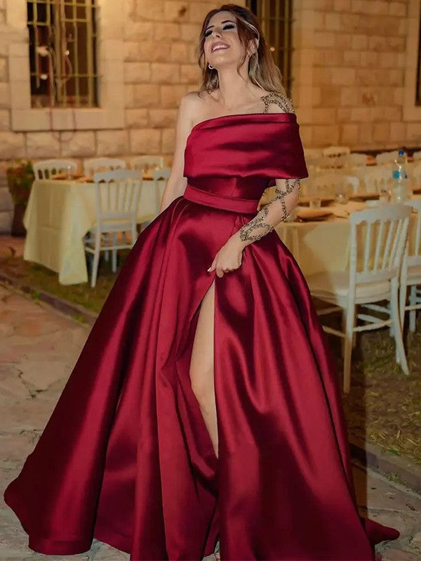 A-Line/Princess Satin Ruffles One-Shoulder Sleeveless Sweep/Brush Train Dresses