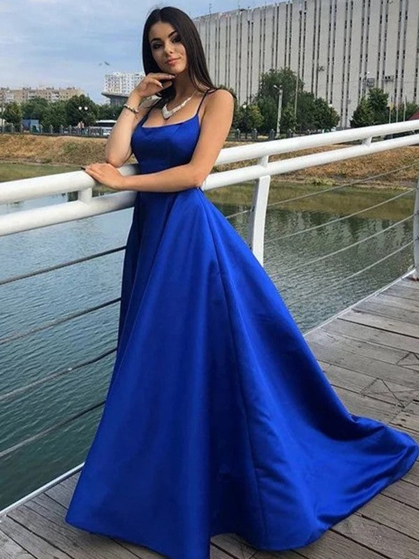 A-Line/Princess Satin Ruffles Spaghetti Straps Sleeveless Sweep/Brush Train Dresses