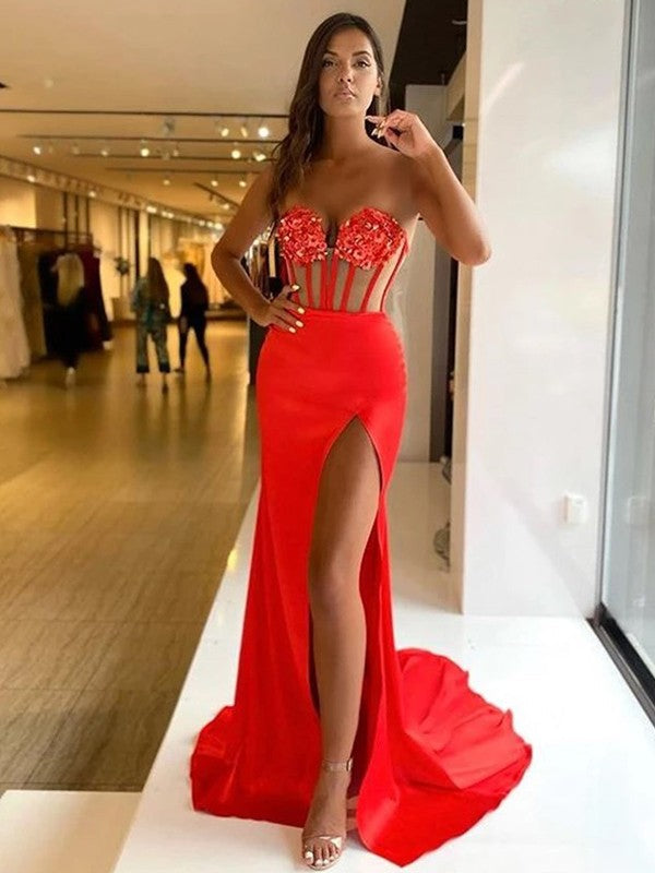 Sheath/Column Woven Satin Applique Sweetheart Sleeveless Sweep/Brush Train Dresses