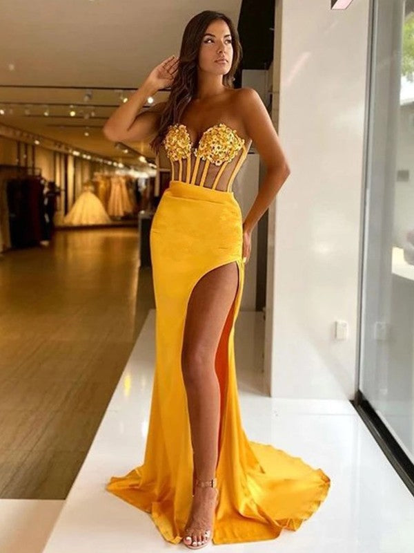 Sheath/Column Woven Satin Applique Sweetheart Sleeveless Sweep/Brush Train Dresses