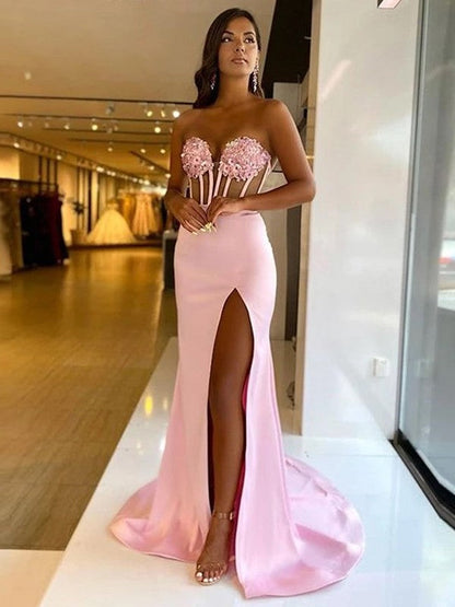 Sheath/Column Woven Satin Applique Sweetheart Sleeveless Sweep/Brush Train Dresses
