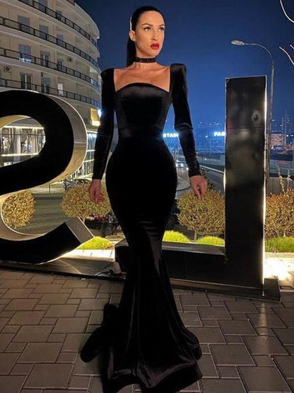 Sheath/Column Velvet Ruffles Square Long Sleeves Sweep/Brush Train Dresses