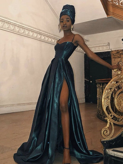 A-Line/Princess Silk like Satin Ruffles Spaghetti Straps Sleeveless Sweep/Brush Train Dresses