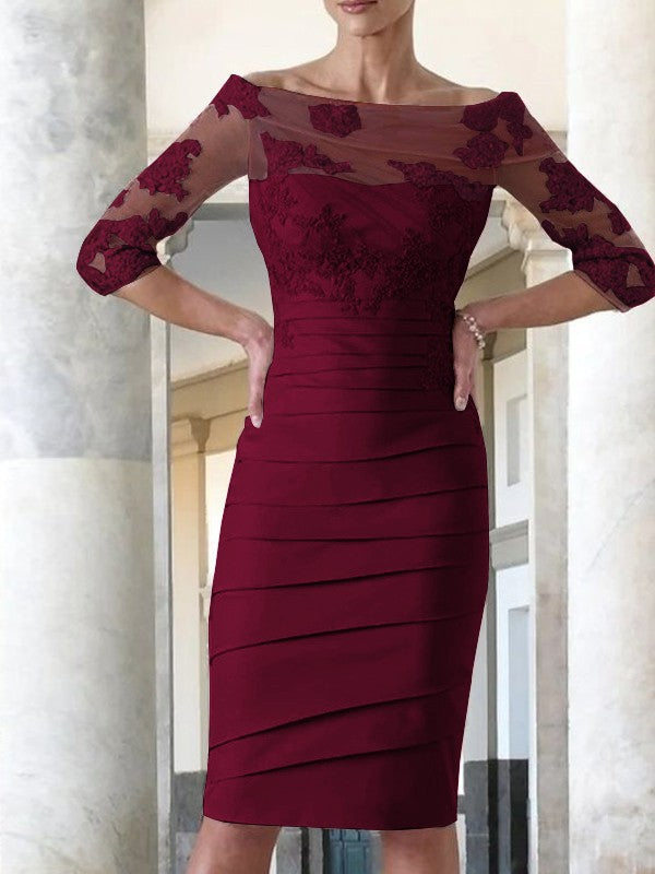 Elegant tight fitting straight tube satin decal 3/4 sleeve knee length bridal Mother of the Bride Dresses