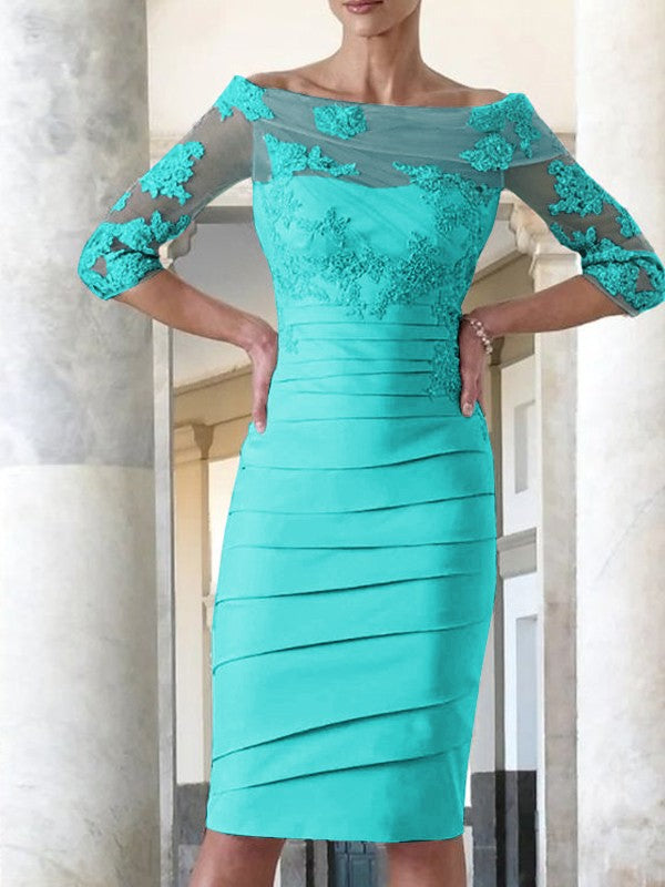 Elegant tight fitting straight tube satin decal 3/4 sleeve knee length bridal Mother of the Bride Dresses