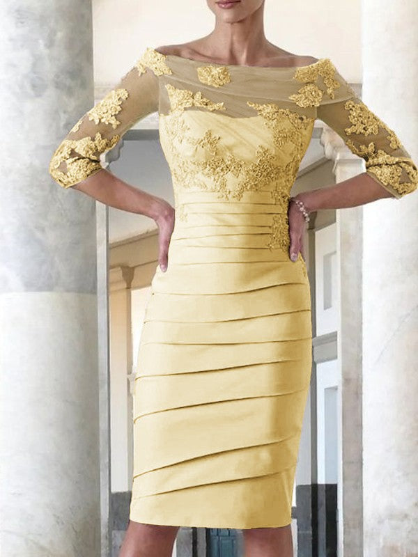 Elegant tight fitting straight tube satin decal 3/4 sleeve knee length bridal Mother of the Bride Dresses