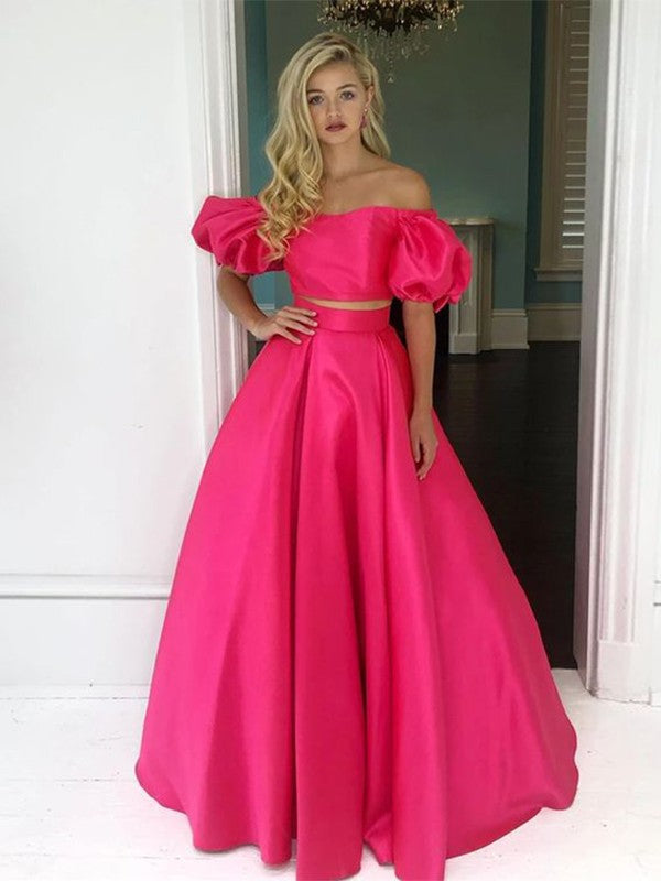 A-Line/Princess Satin Ruffles Off-the-Shoulder Short Sleeves Floor-Length Two Piece Dresses
